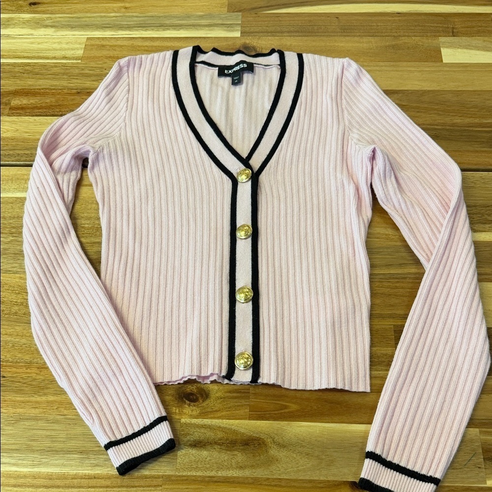 Express Pink Ribbed Cardigan with Black Trim and Gold Buttons. Womens XSmall - Picture 2 of 6